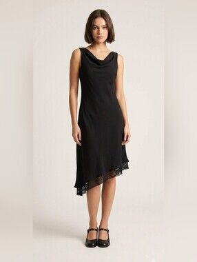 Vintage 90s Jolibel Cowl Neck Black Midi Dress Lace Hem Size 12 Made in Canada